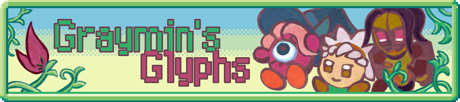 Graymin's Glyphs Site Header. Features the Green PMD2 Text Window Border and three kirby OCs: Dooloo, Hydrangea, and Digit.